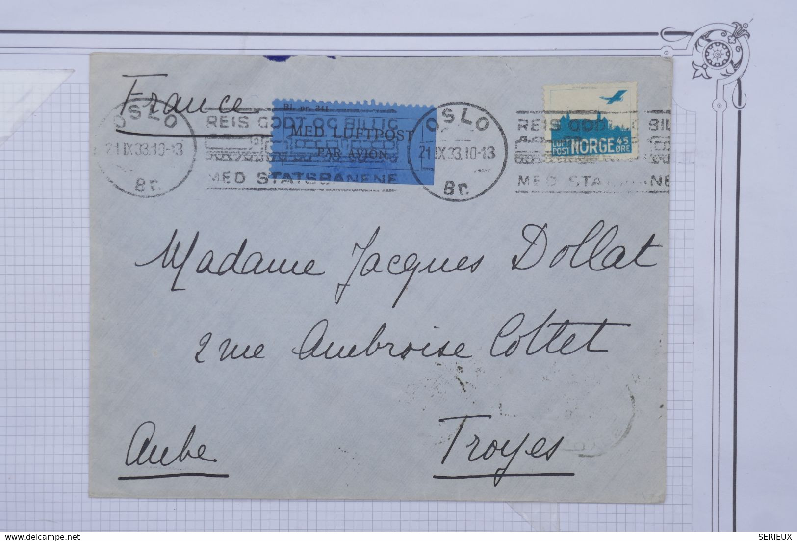 AW19 NORGE  BELLE  LETTRE   1933  PAR AVION OSLO POUR TROYES  CHAMPAGNE  FRANCE  ++++AFFRANC. PLAISANT - Lettres & Documents