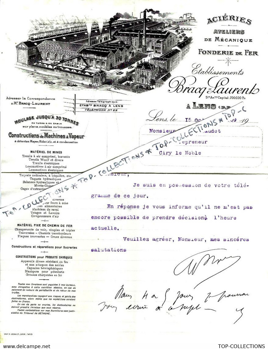 1909 ACIERIES FONDERIE DE FER Bracq-Laurent Lens Pas De Calais => Vairet Baudot Briqueterie Ciry Le Noble Saone Et Loire - 1900 – 1949