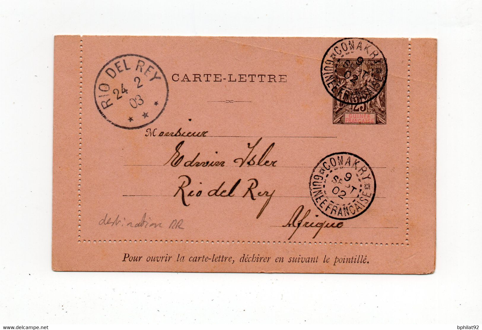 !!! GUINEE, ENTIER POSTAL DE CONAKRY DU 9/9/1902 POUR RIO DEL REY (CAMEROUN ALLEMAND). DESTINATION RARE - Cartas & Documentos