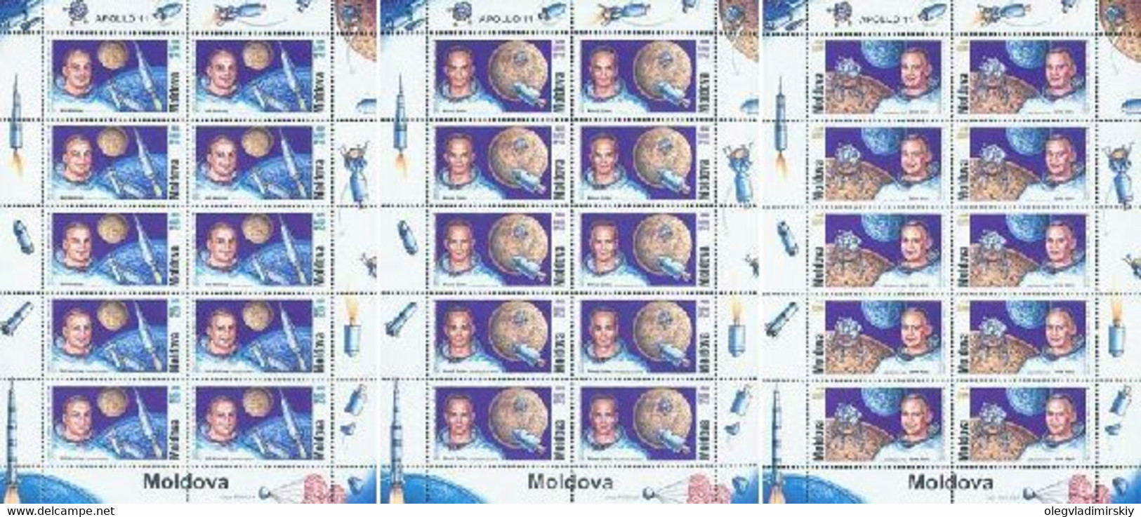 Moldavia Moldova 1999 30th Of The Moon Landing Set Of 3 Sheets Of 10 Stamps - Stati Uniti