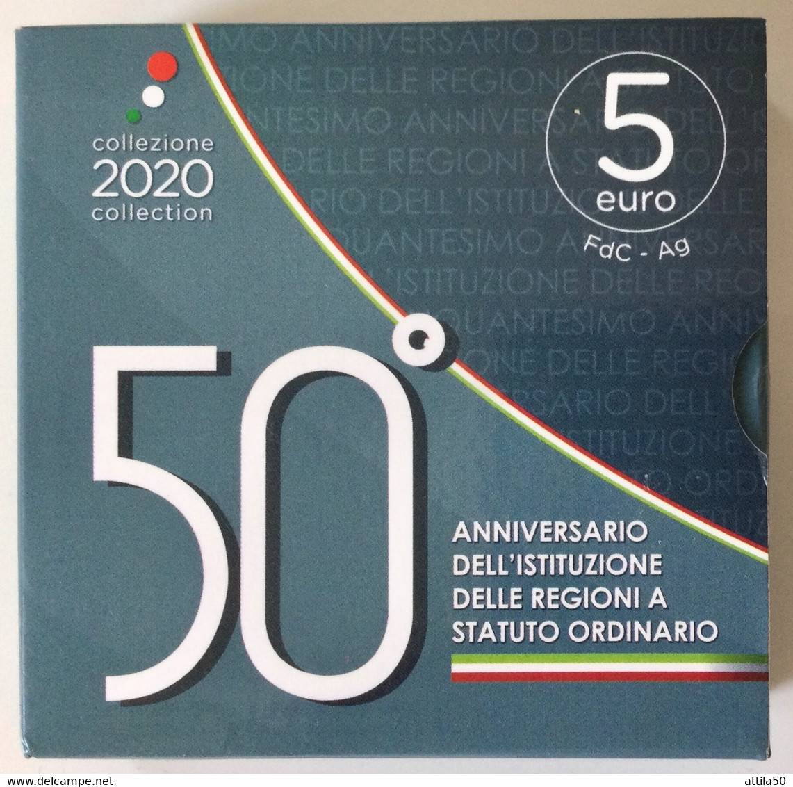 ITALIA - REGIONI A STATUTO ORDINARIO, 50mo Ann.rio - Moneta €5 D’arg. 925/1000 Gr.18 - Diam.32. Anno 2020. - Set Fior Di Conio