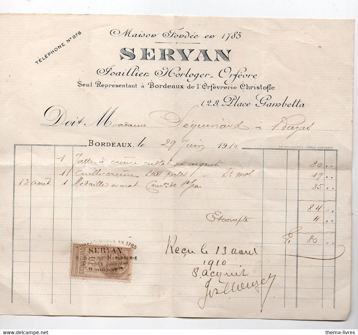 Bordeaux (33 Gironde) Facture  SERVAN  Joaillier Horloger...1910 Avec Timbre Fiscal  (PPP37672) - Autres & Non Classés