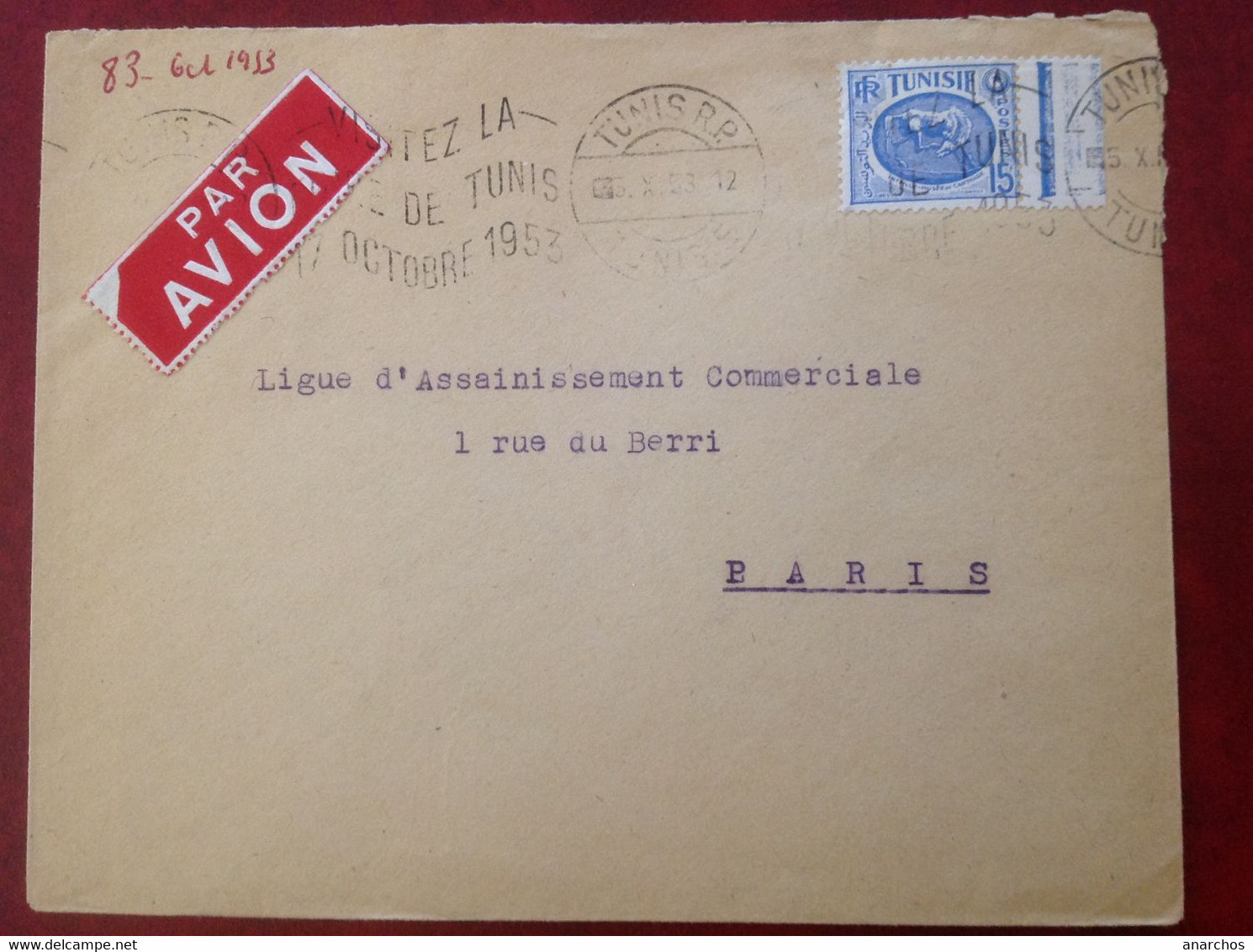 Flamme Temporaire Tunis, Par Avion 1953 - Briefe U. Dokumente