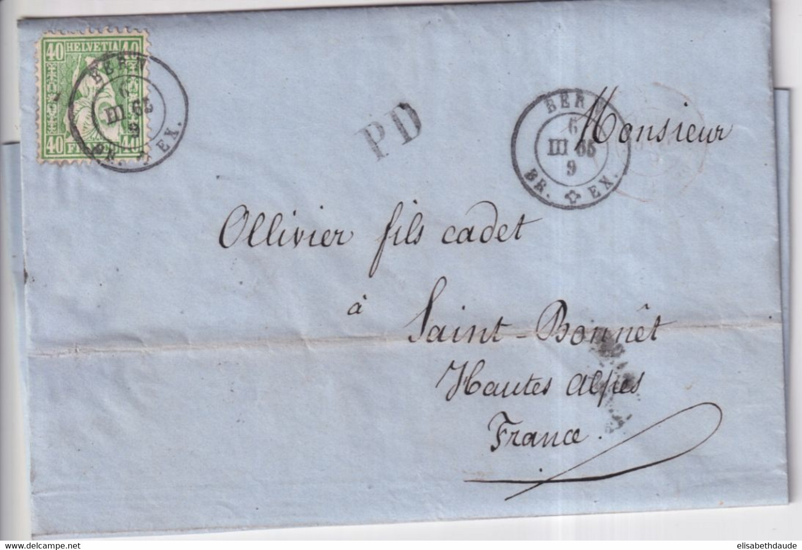 1865 - SUISSE - 40c (ZUM.34) ! Sur LETTRE De BERN Avec AMBULANT BERN à PONTARLIER AU DOS ! => ST BONNET (HAUTES ALPES) - Covers & Documents