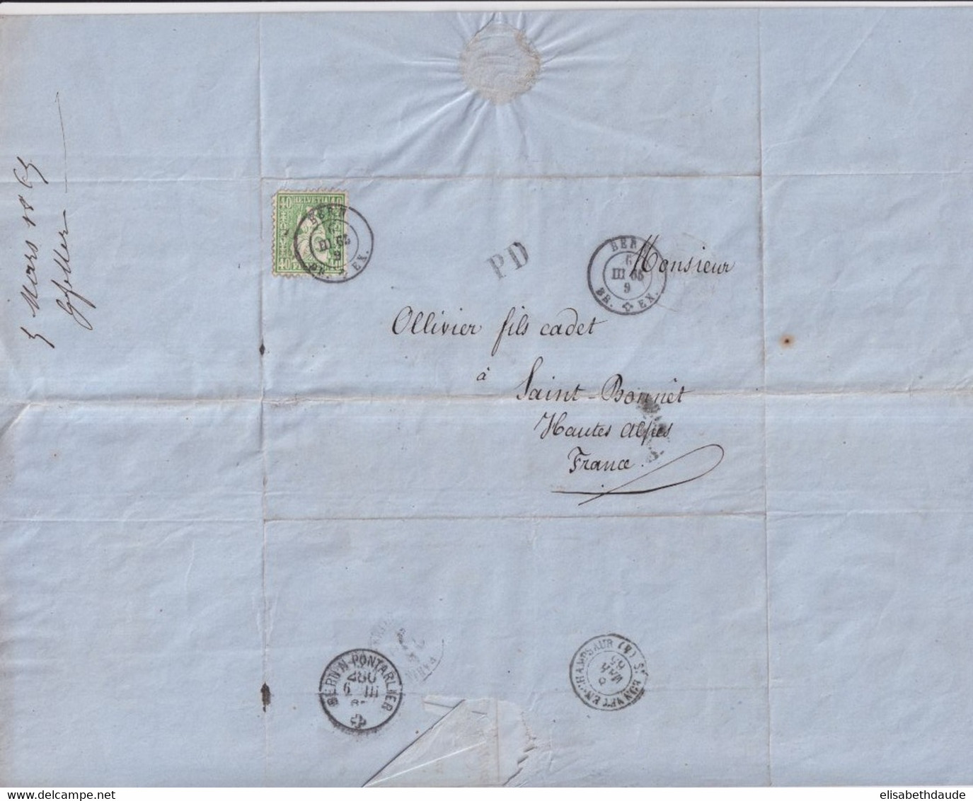 1865 - SUISSE - 40c (ZUM.34) ! Sur LETTRE De BERN Avec AMBULANT BERN à PONTARLIER AU DOS ! => ST BONNET (HAUTES ALPES) - Briefe U. Dokumente