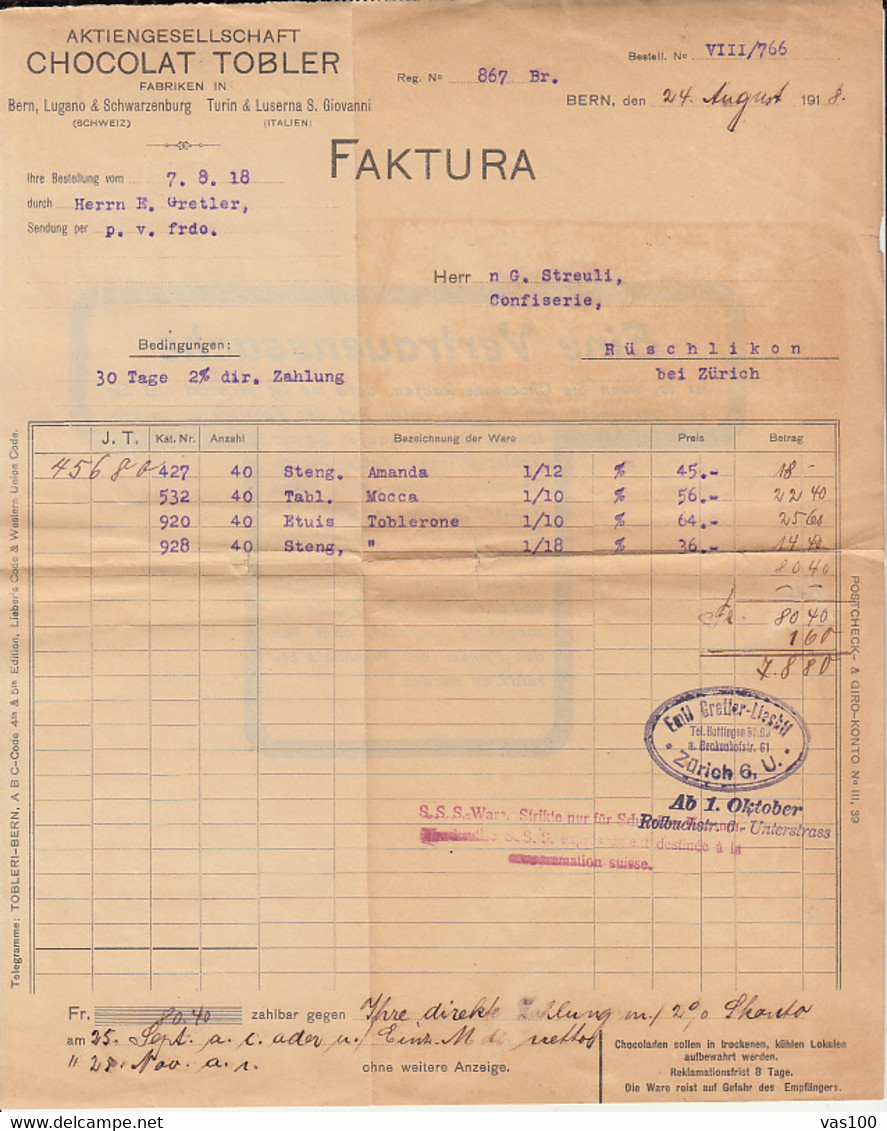 INVOICE, CHOCOLAT TOBLER, 1918, SWITZERLAND - Suisse