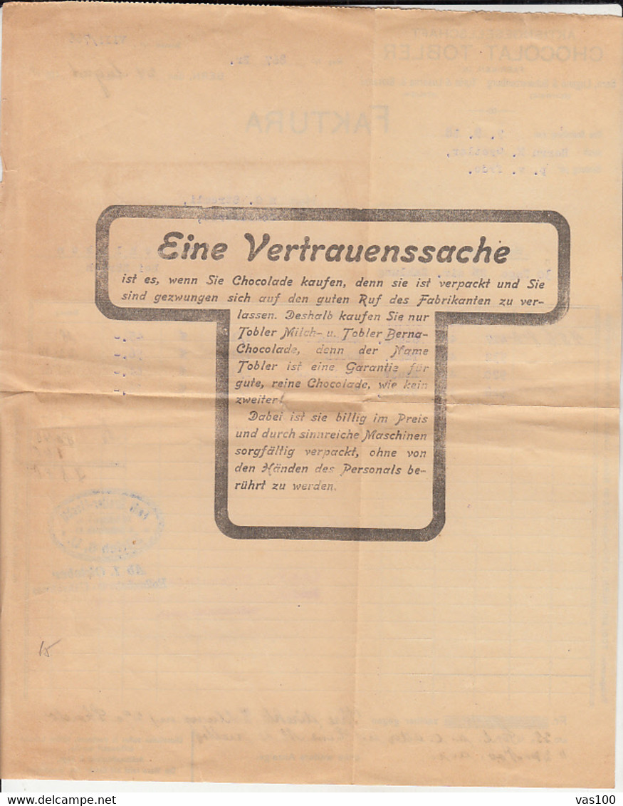 INVOICE, CHOCOLAT TOBLER, 1918, SWITZERLAND - Suisse