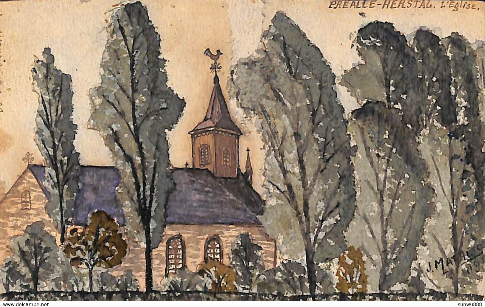 Herstal Préalle - L'Eglise (carte Artisanale Colorisée J. Matheis 1909) - Herstal