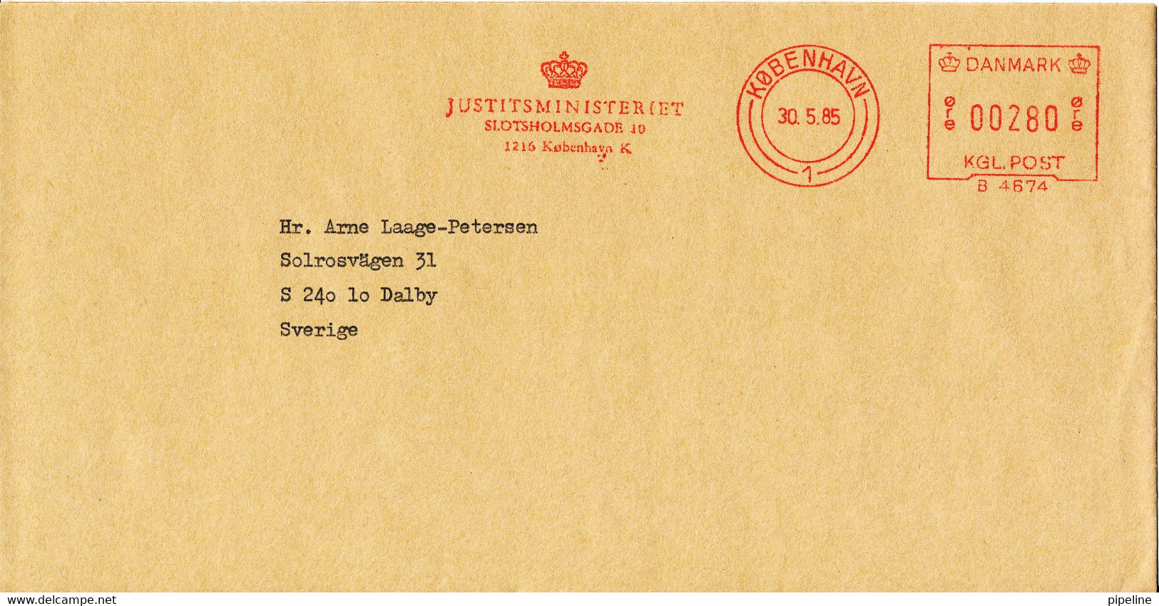 Denmark Cover With Meter Cancel Copenhagen 30-5-1985 Sent To Sweden (Justitsministeriet) - Autres & Non Classés