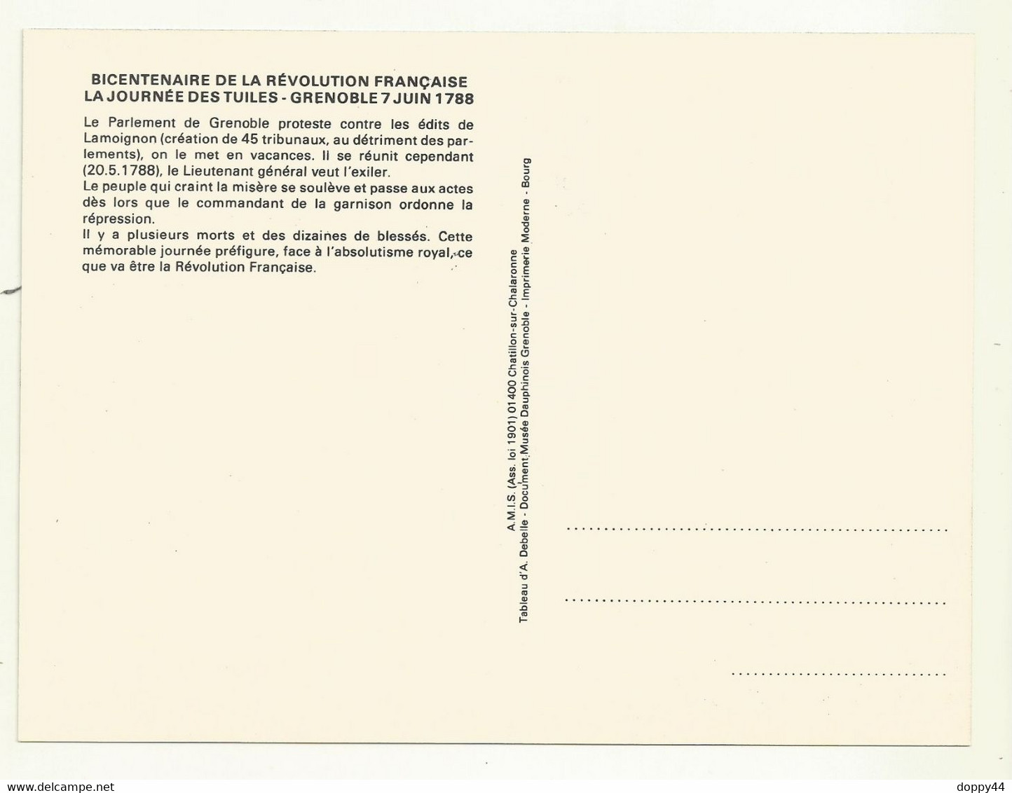 SOUVENIR FDC REVOLUTION FRANCAISE  LA JOURNEE DES TUILES . - Revolución Francesa