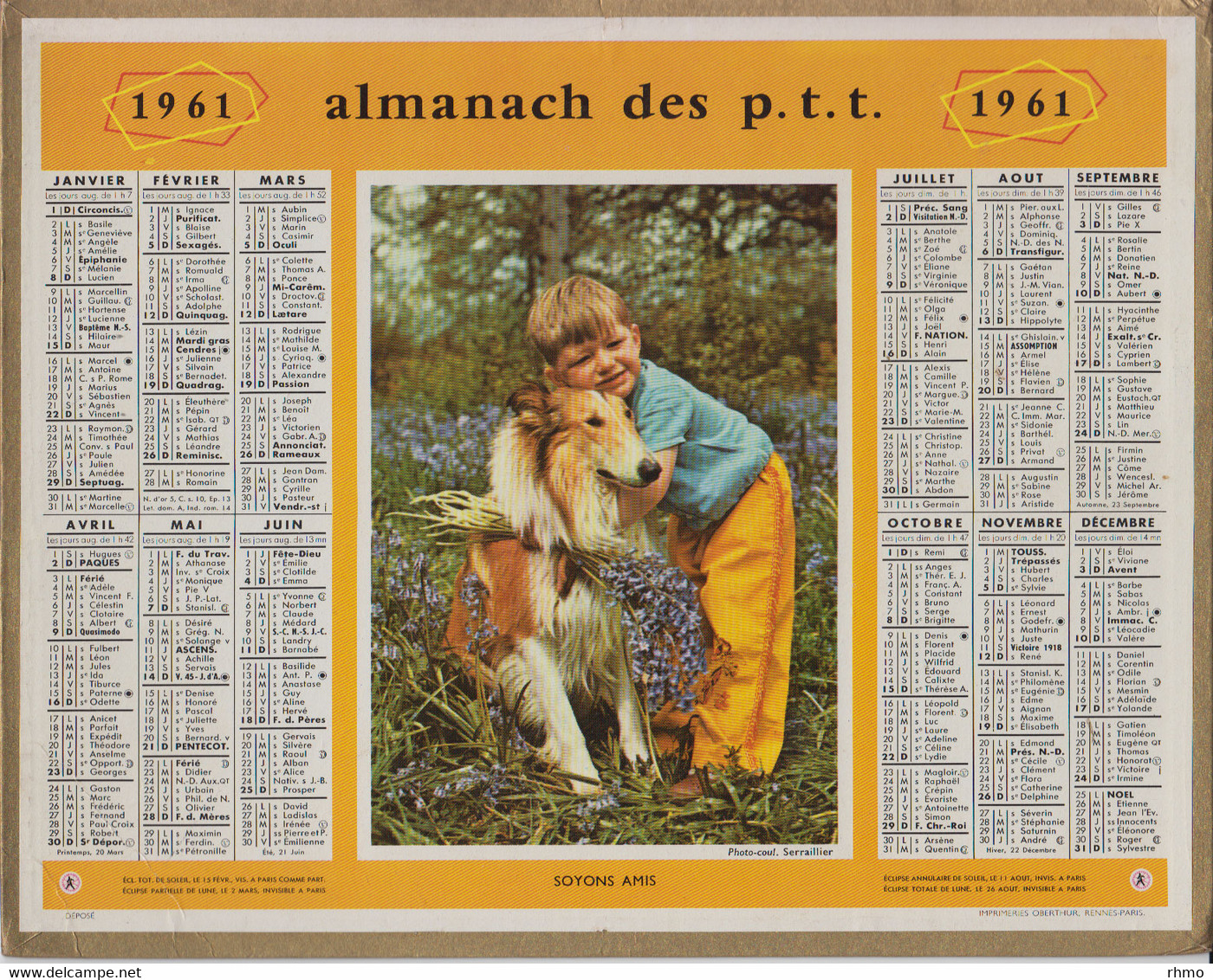 CALENDRIER ALMANACH DES P.T.T - Lot De 6 Calendriers 1960-1961-1962-1963-1964 1ère Pages Seulement, Pas D'intérieur - Grand Format : 1961-70