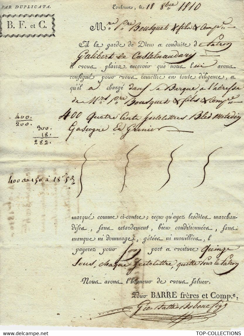 1810 LETTRE DE VOITURE ROULAGE TRANSPORT FLUVIAL PAR EAU PAR BARQUE    Barre Frères & Cie à Toulouse Pour Bousquet Agde - 1800 – 1899