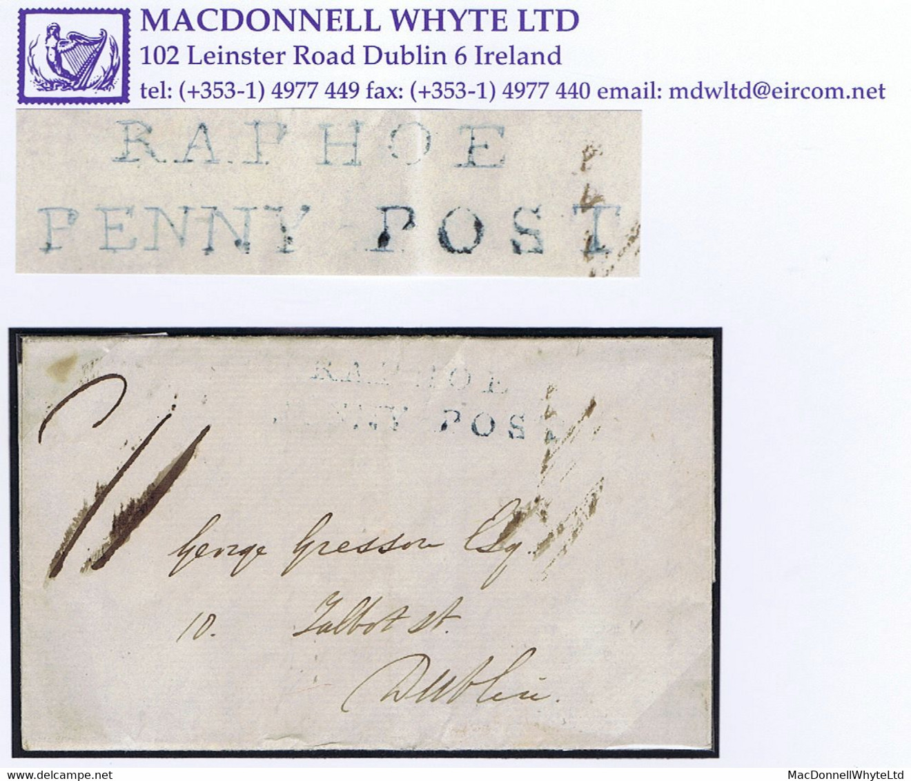 Ireland Donegal 1832 Cover To Dublin With RAPHOE/PENNY POST In Blue, Matching RAPHOE On Reverse. - Vorphilatelie
