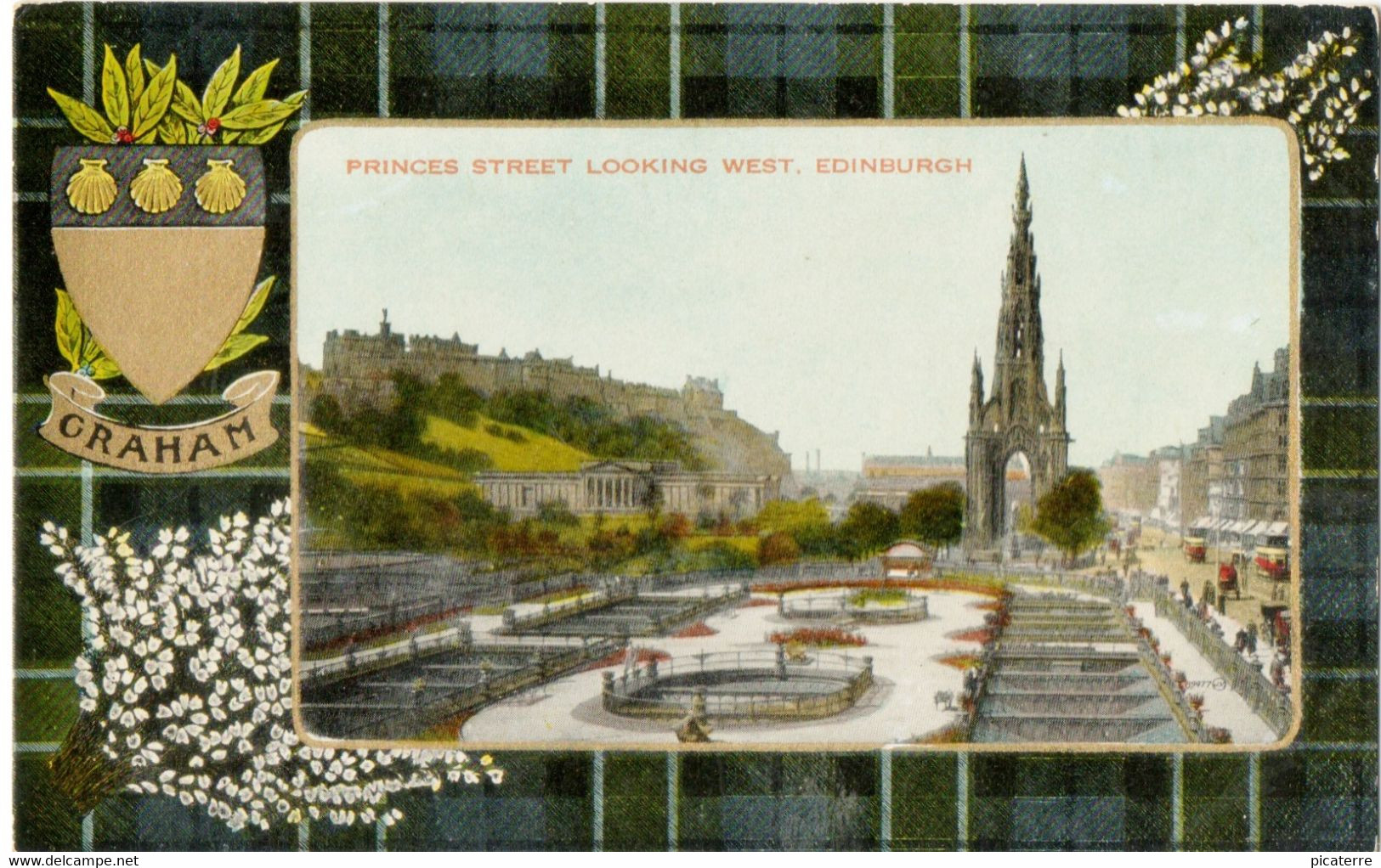 PRINCES STREET Looking West, EDINBURGH , "GRAHAM"  Tartan, Clan,  Valentines Colourtone - Genealogy