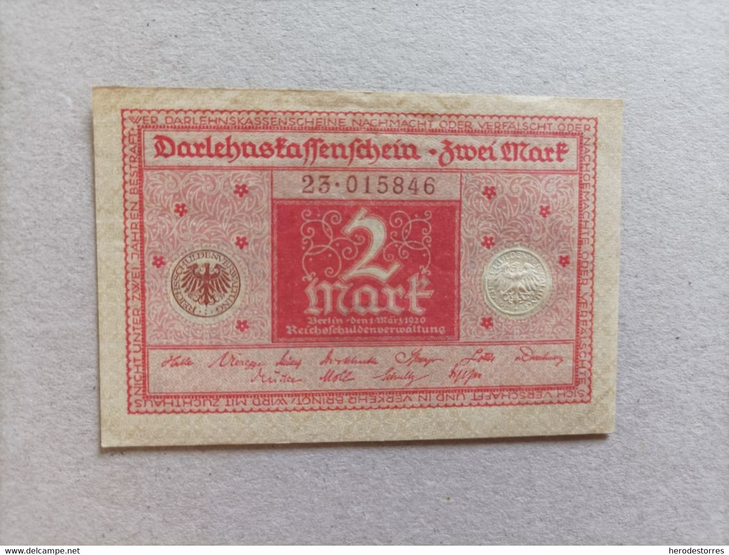 Billete De Alemania De 2 Mark, Año 1920, Con Sello En Seco, UNC - Ohne Zuordnung