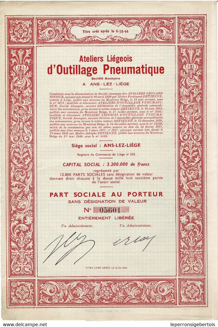 Titre Ancien - Ateliers Liégeois D'Outillage Pneumatique - Titres émis Après 1944 - 2  Lots De 3 Titres - Industrie