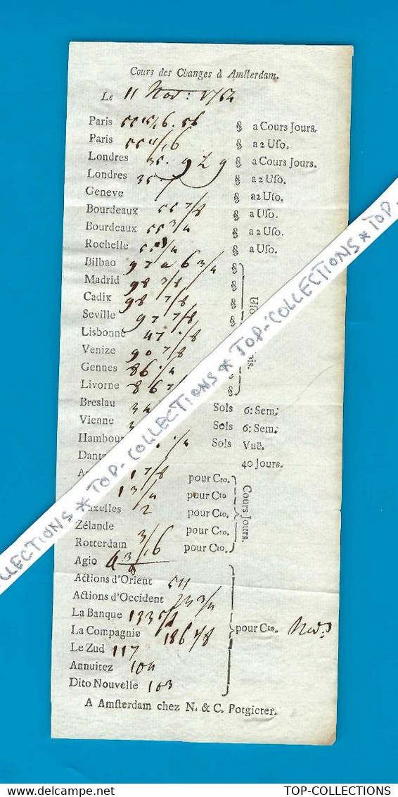 LA PLUS VIEILLE BOURSE DU MONDE 1764 COURS DES CHANGES  ET DES QQ. COMPAGNIES COTEES A LA BOURSE D’ AMSTERDAM - Historische Dokumente