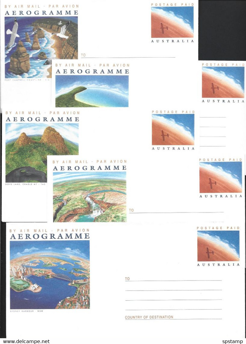 Australia 1993 Tourism Scenes Aerogramme Set Of 5 Unused , Some Surface Creasing - Aérogrammes