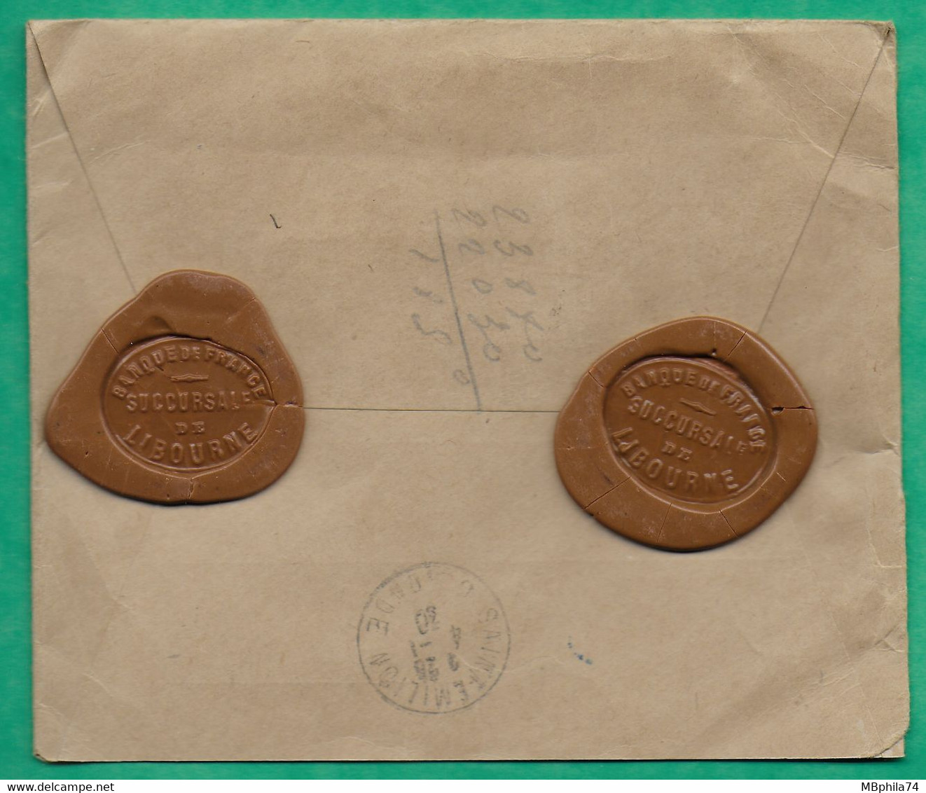 N°199 X4 SEMEUSE RECOMMANDE BANQUE DE FRANCE LIBOURNE GIRONDE CAD RECETTES AUXILIAIRES POUR ST EMILION 1930 COVER FRANCE - 1921-1960: Periodo Moderno