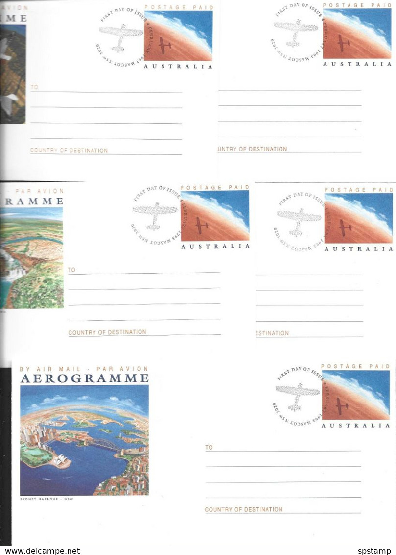 Australia 1993 Tourism Water Scenes Postage Paid Aerogramme Set Of 5 Fine Used , Special FDI Cancels - Aérogrammes