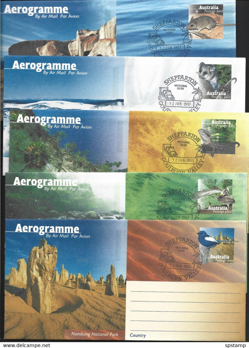 Australia 1997 National Parks Post Paid Aerogramme Set Of 5 Fine Used , Shepparton FDI Cancels - Aérogrammes