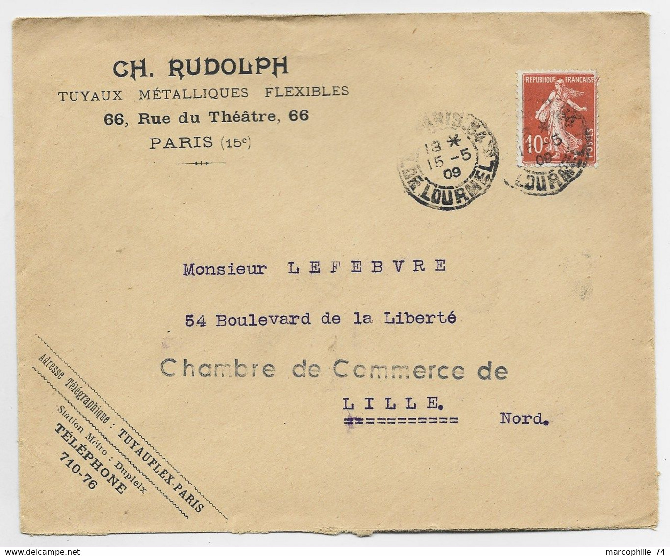 SEMEUSE 10C LETTRE PARIS 34 15.5.1909 POUR LILLE + GRIFFE CHAMBRE DE COMMERCE + GREVE 1909 - Sonstige & Ohne Zuordnung