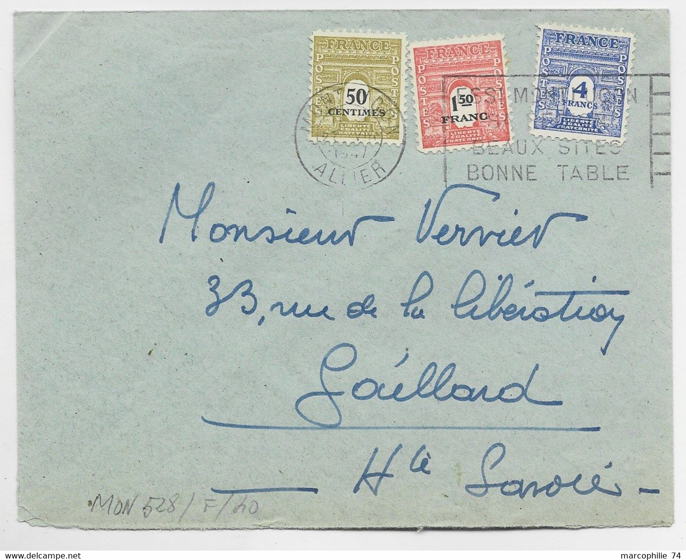 ARC TRIOMPHE 4FR+50C+1FR50 LETTRE MONTLUCON ALLIER 27.VIII.1947 AU TARIF - 1944-45 Arc Of Triomphe