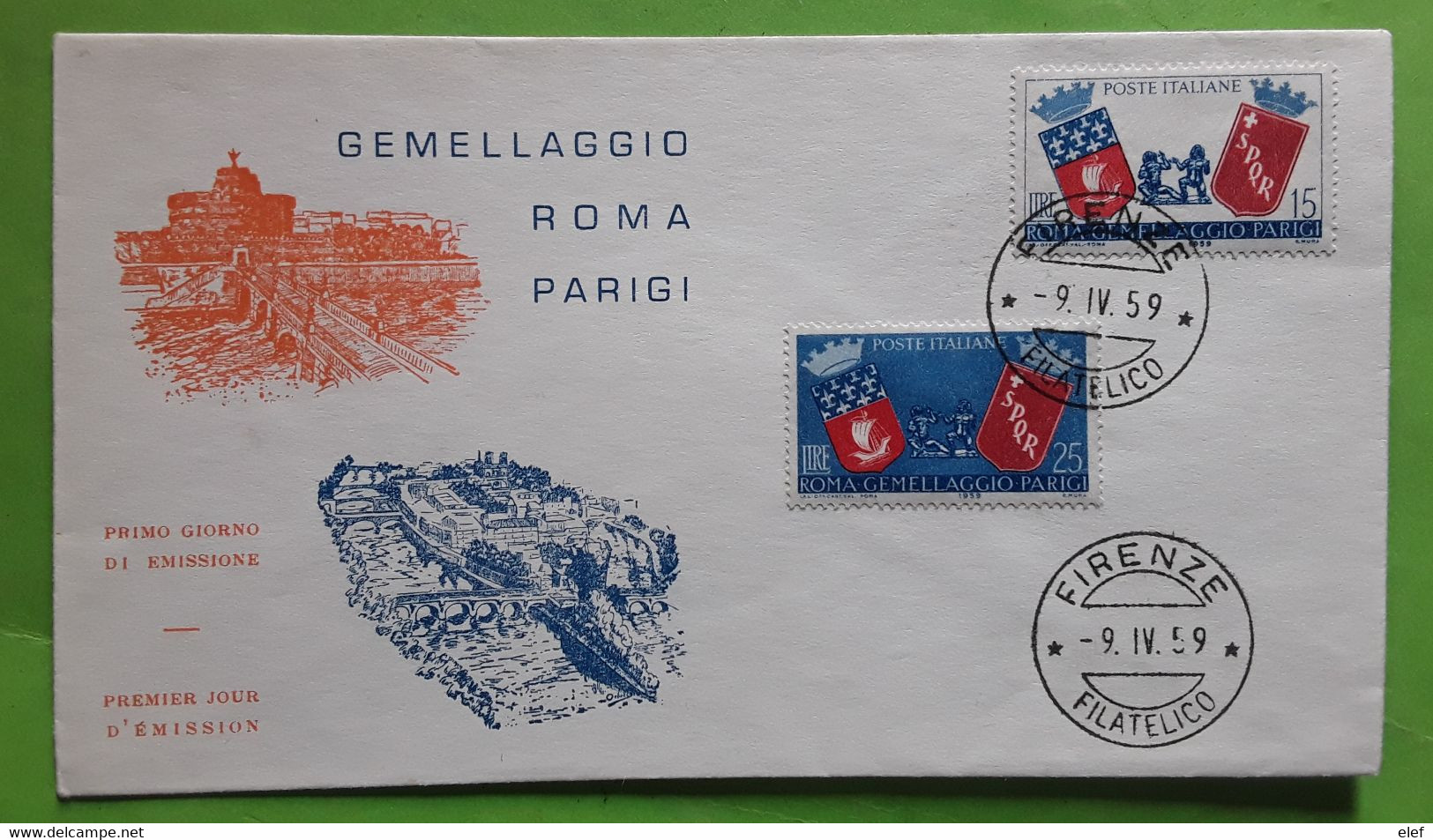 Gemellaggio ROMA PARIGI Jumellage Rome Paris Italia Fdc Cover 1959 , TB - Other & Unclassified