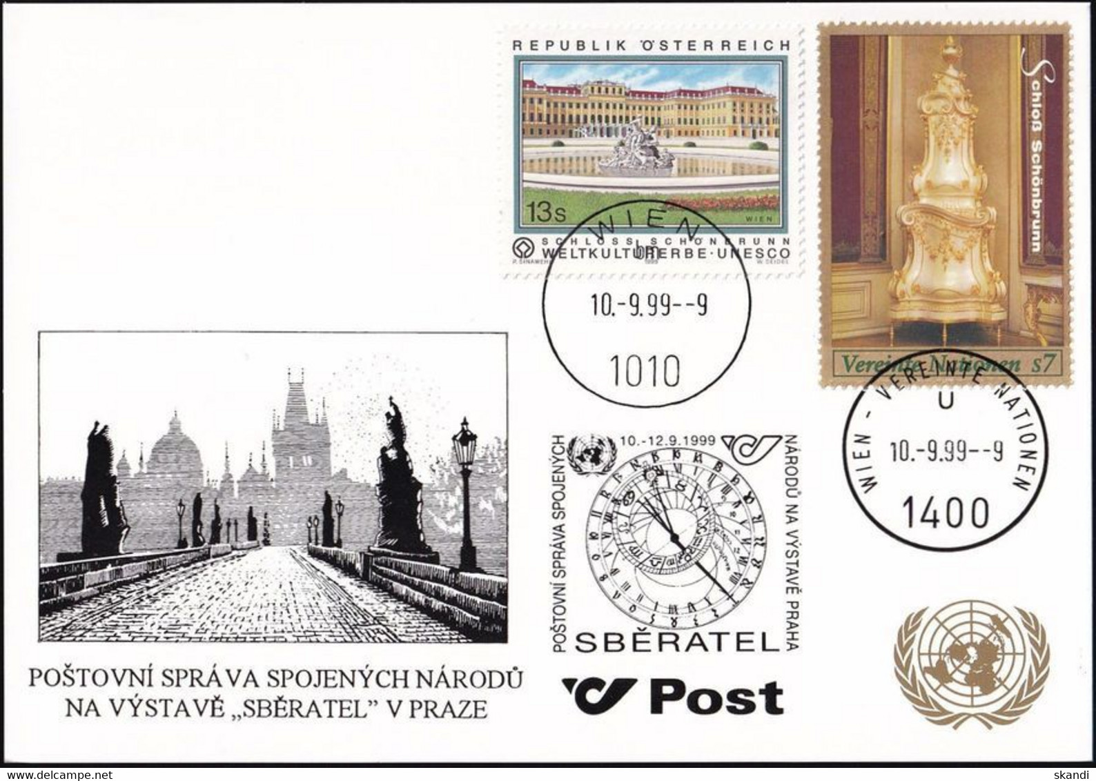 UNO WIEN 1999 Mi-Nr. 201 WEISSE KARTE - SBERATEL PRAG MISCHFRANKATUR 10.09.1999 - Lettres & Documents