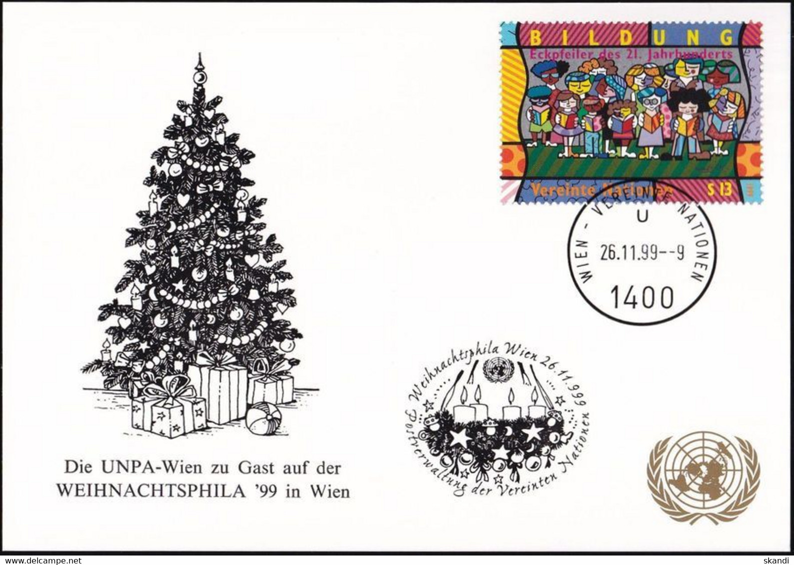 UNO WIEN 1999 Mi-Nr. 206 WEISSE KARTE - WEIHNACHTSPHILA WIEN 26.11.1999 - Lettres & Documents