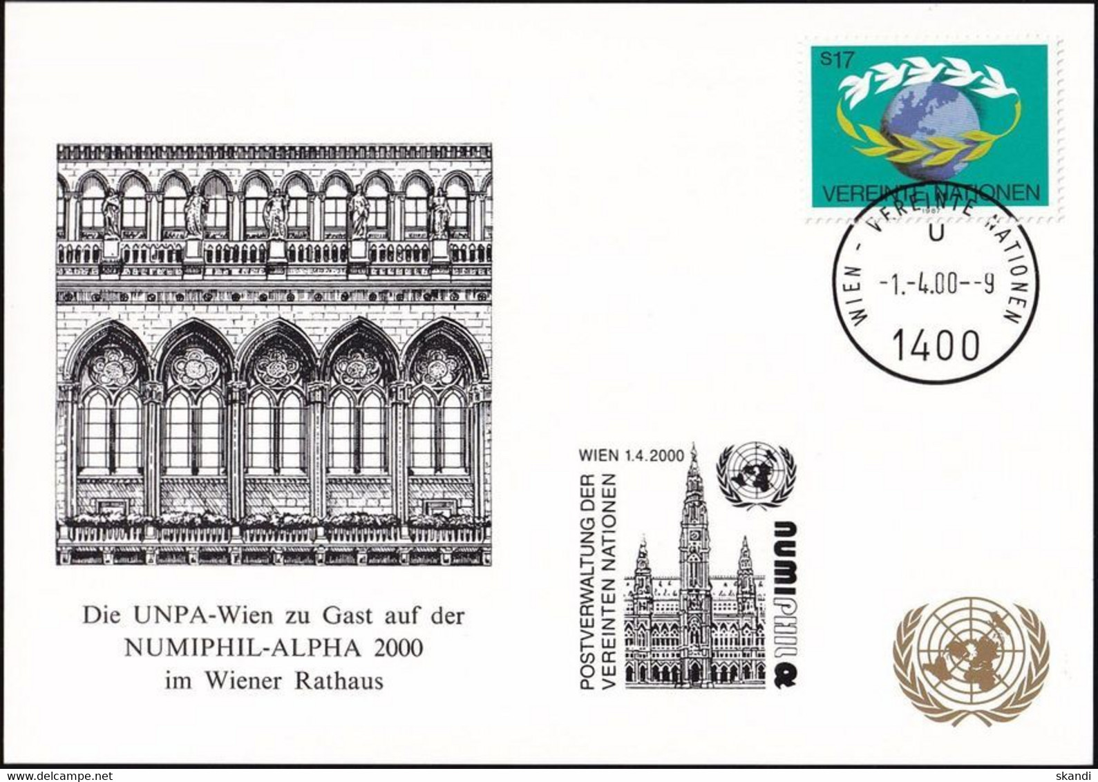 UNO WIEN 2000 Mi-Nr. 210 WEISSE KARTE - NUMIPHIL-ALPHA WIEN 01.04.2000 - Storia Postale