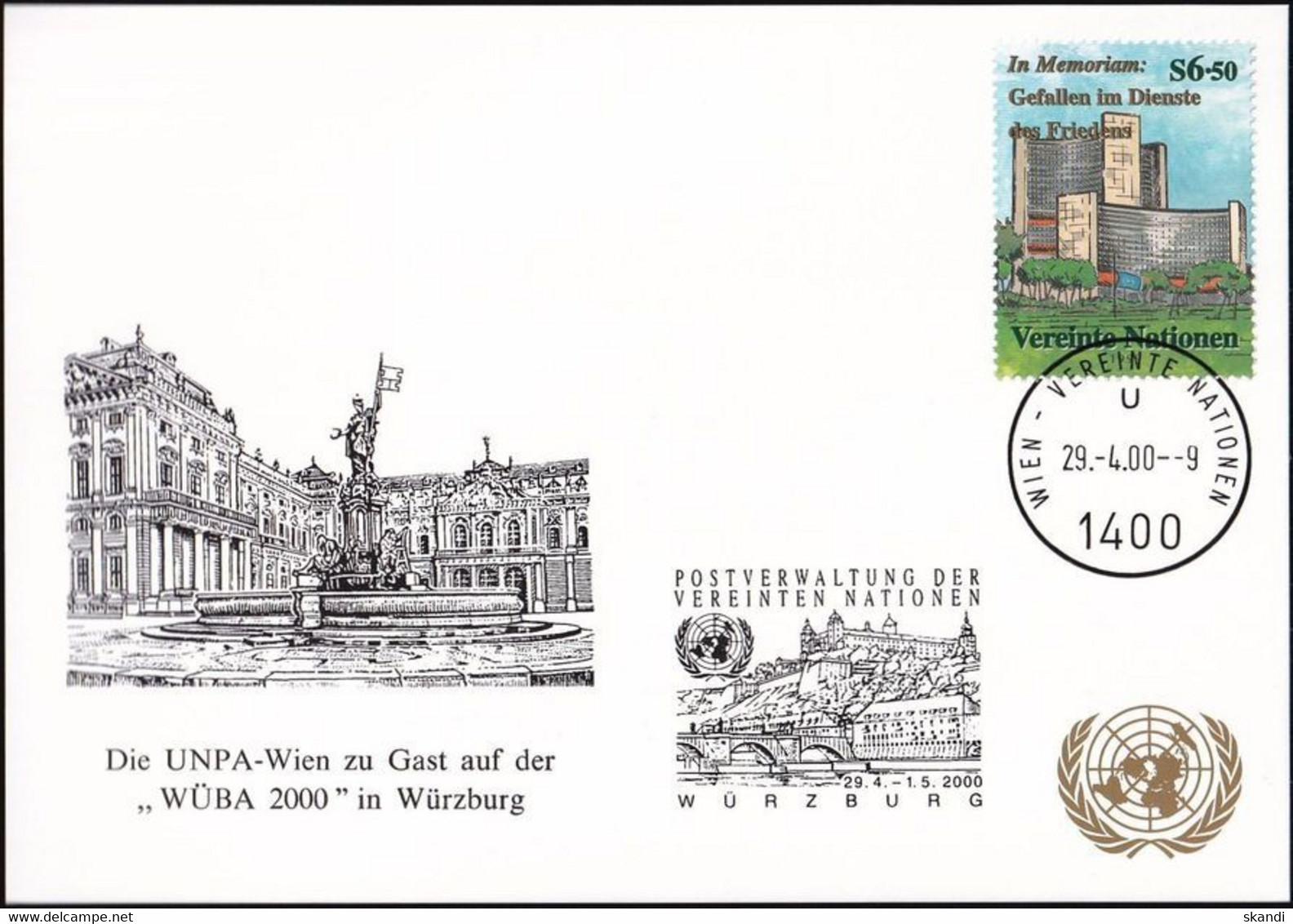 UNO WIEN 2000 Mi-Nr. 211 WEISSE KARTE - WÜBA 2000 WÜRZBURG 29.04.2000 - Covers & Documents