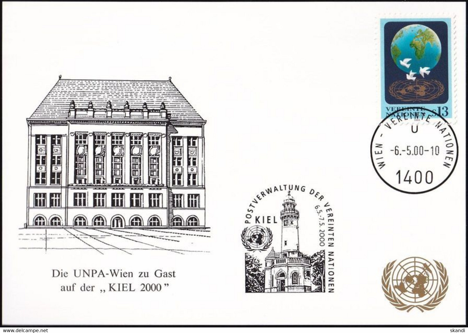 UNO WIEN 2000 Mi-Nr. 212 WEISSE KARTE - KIEL 2000 06.05.2000 - Storia Postale