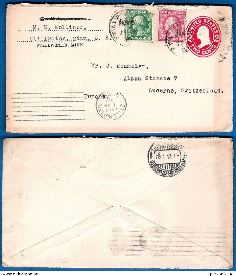 1917  USA Vordruck-Kuvert Ascher 110 F Mit ZuF, From Stillwater (2 Verschiedene Stempel) Nach Luzern (Ankunftstempel) - 1901-20