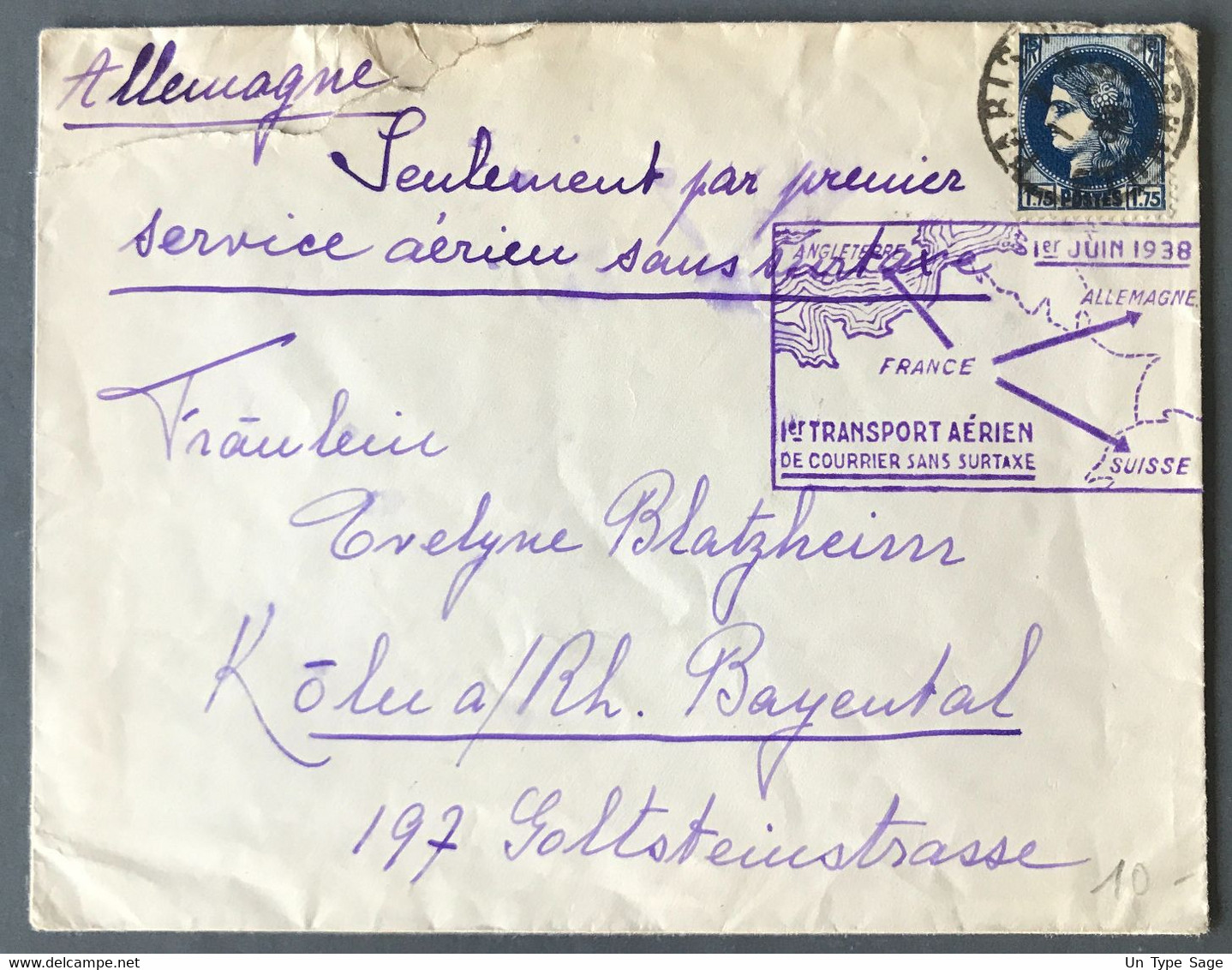 France 1er TRANSPORT AERIEN DE COURRIER SANS SURTAXE 1er JUIN 1938 Sur Enveloppe - (A1340) - 1960-.... Covers & Documents