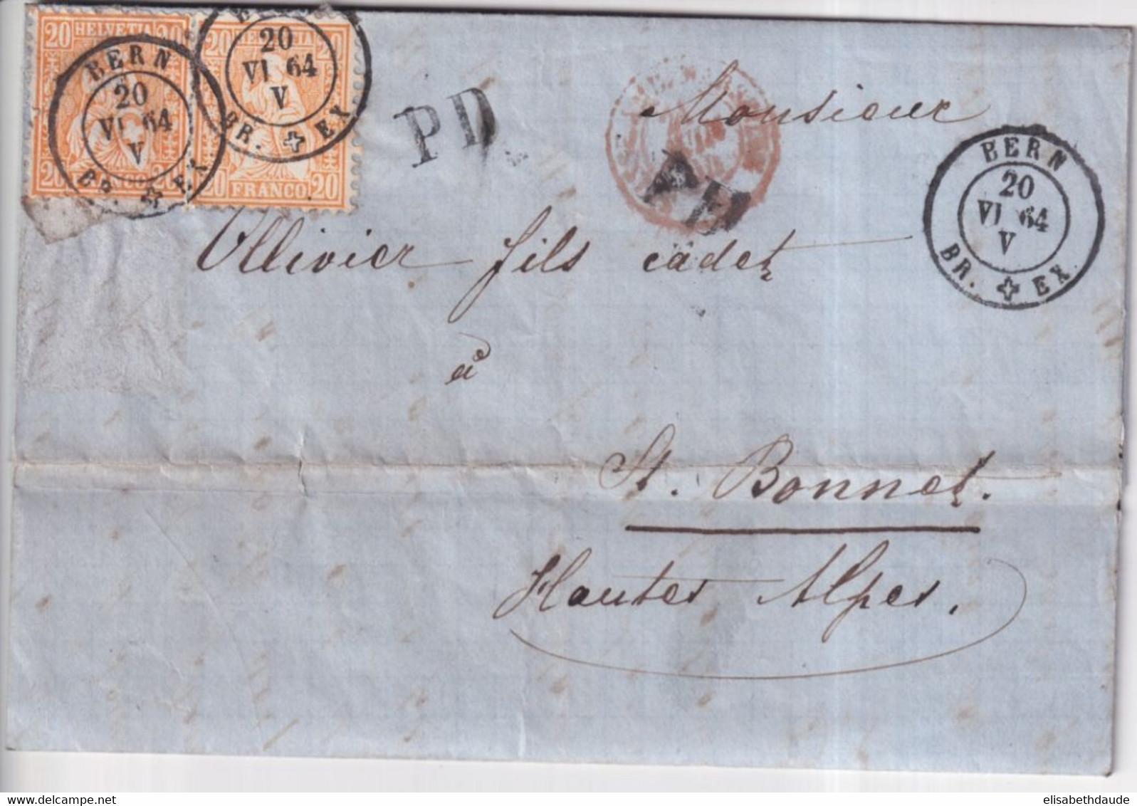 1864 -SUISSE -LETTRE De BERN - AMBULANT CIRCULAIRE N°4 ! +NEUCHATEL à GENEVE + ETIQUETTE AU DOS =>ST BONNET (HTES ALPES) - Brieven En Documenten