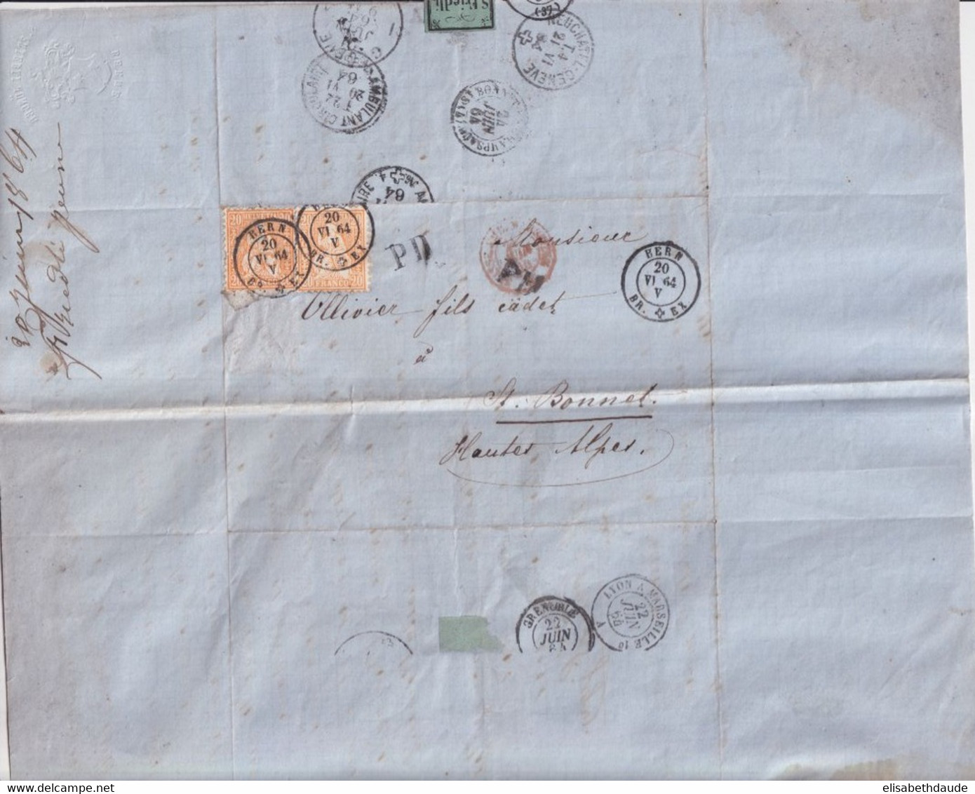 1864 -SUISSE -LETTRE De BERN - AMBULANT CIRCULAIRE N°4 ! +NEUCHATEL à GENEVE + ETIQUETTE AU DOS =>ST BONNET (HTES ALPES) - Briefe U. Dokumente
