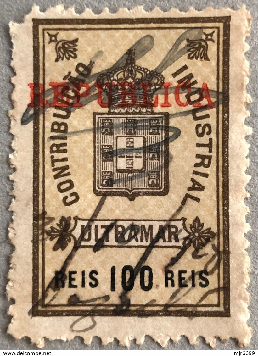 MACAU, 1912 ROYAL COAT OF ARMS INDUSTRIAL TAX STAMPS W\LOCAL OVERPRINT "REPUBLICA" - 100 REIS.- PB#87 - Otros & Sin Clasificación