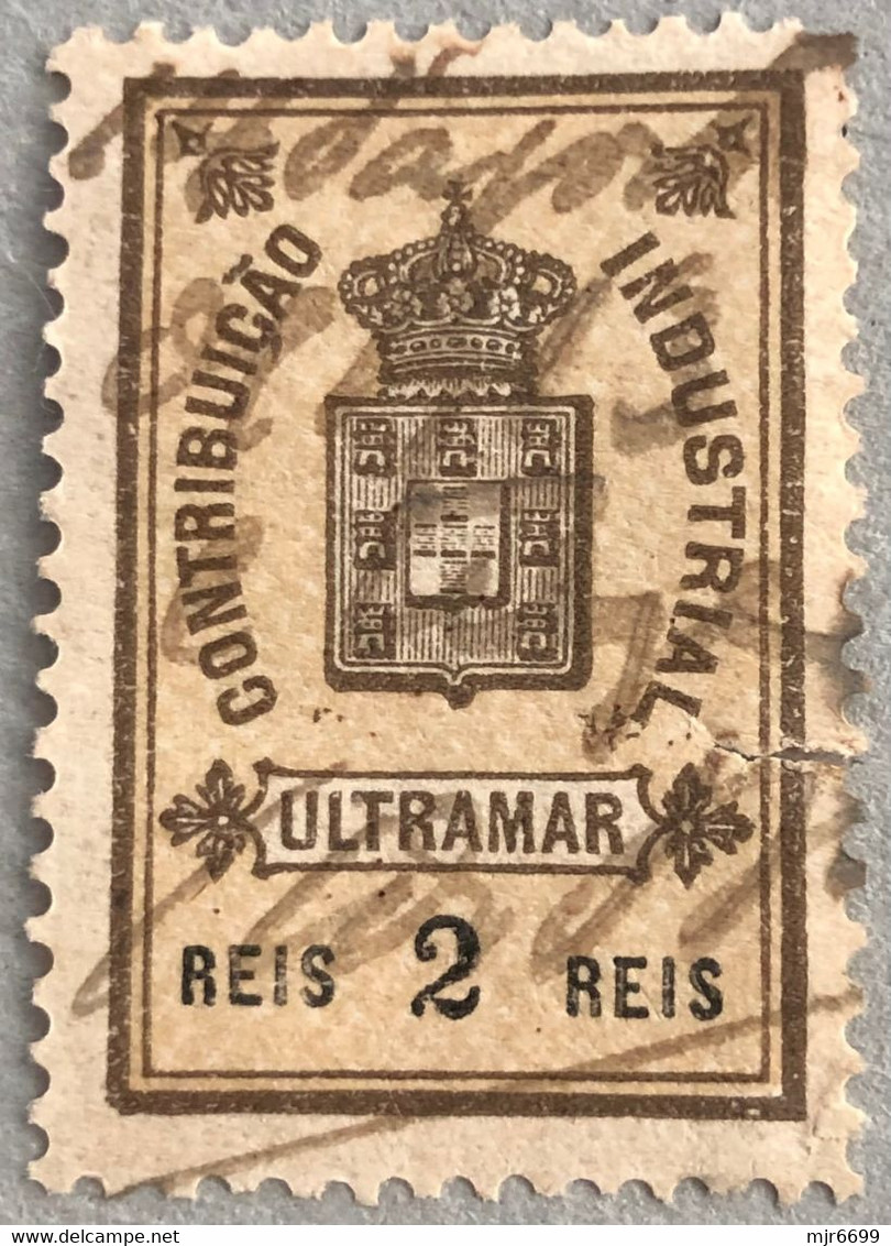 MACAU, 1907 ROYAL COAT OF ARMS INDUSTRIAL TAX STAMPS - 2 REIS.- PB#22, BROKEN AT RIGHT - Other & Unclassified
