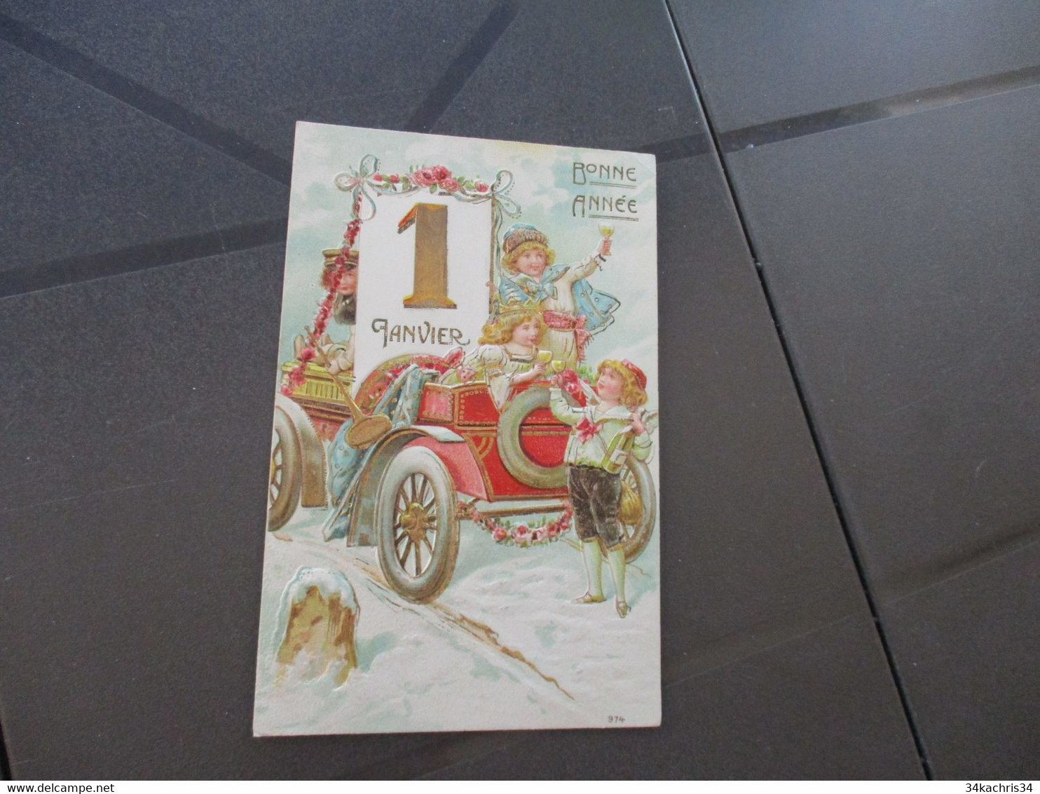 CPA Bonne Année Voiture Ancienne Enfant Gaufrée Relief - Pâques