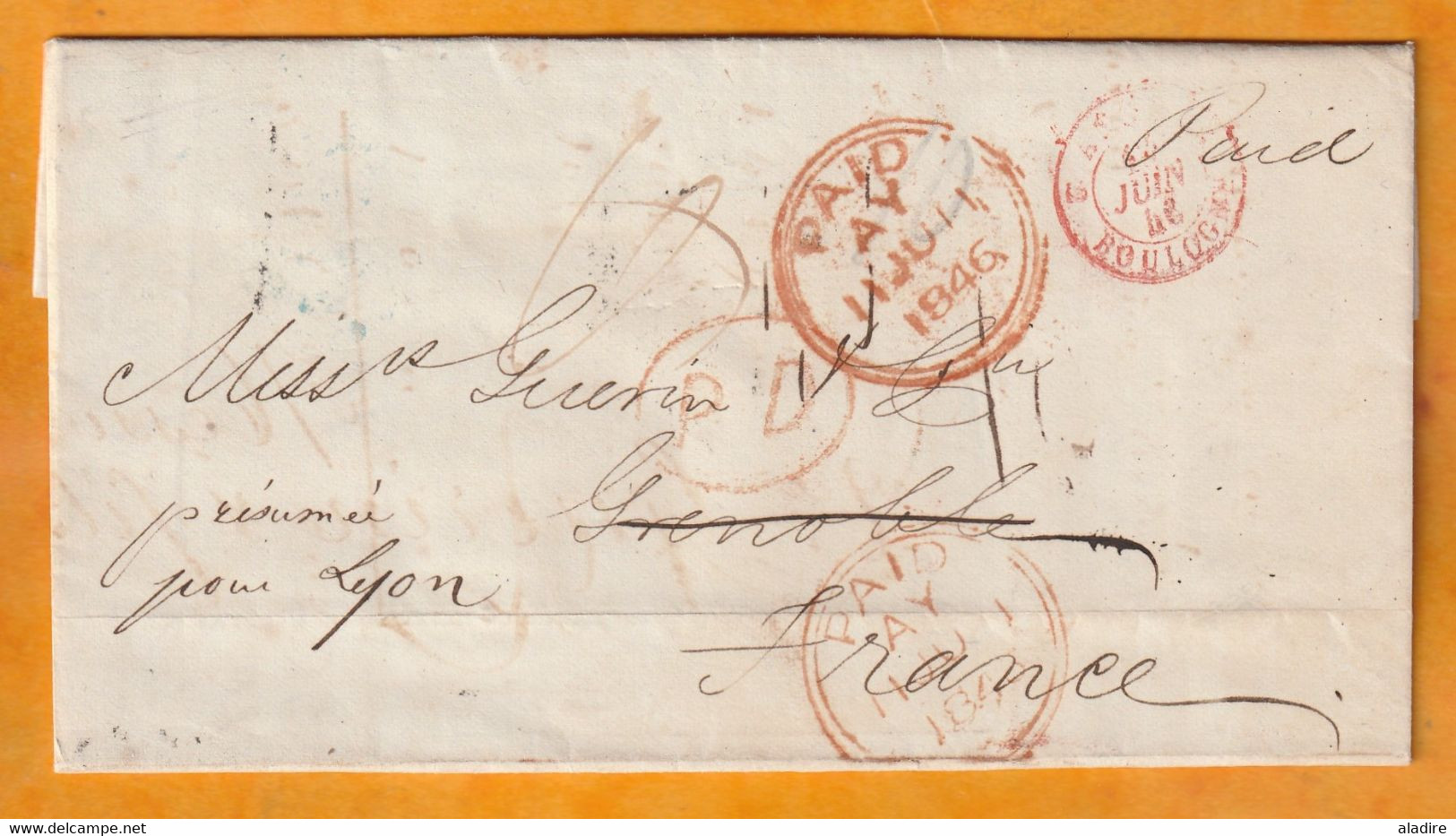 1846 - Lettre Pliée En Anglais En Port Payé De London, Londres Vers Grenoble Puis Lyon -  Via Boulogne - Poststempel