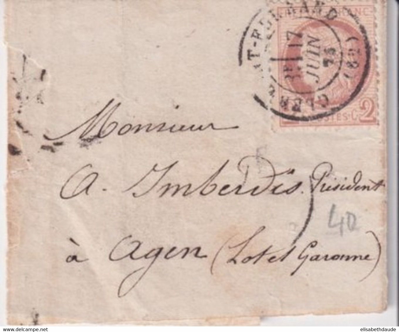 1874 - CERES 2c SEUL Sur PETITE BANDE De CLERMONT-FERRAND (PUY DE DOME) => AGEN - 1871-1875 Ceres