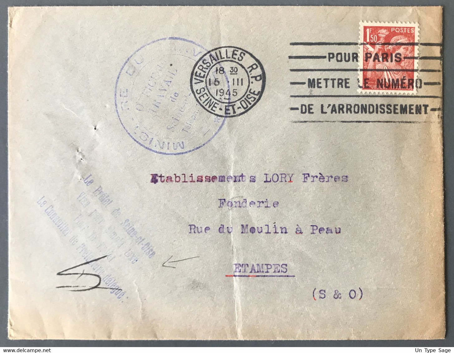 France Mention "Visa Pour Simple Taxe Pour Le Préfet" Sur Enveloppe De Versailles 15.III.1945 - (A1172) - 2. Weltkrieg 1939-1945