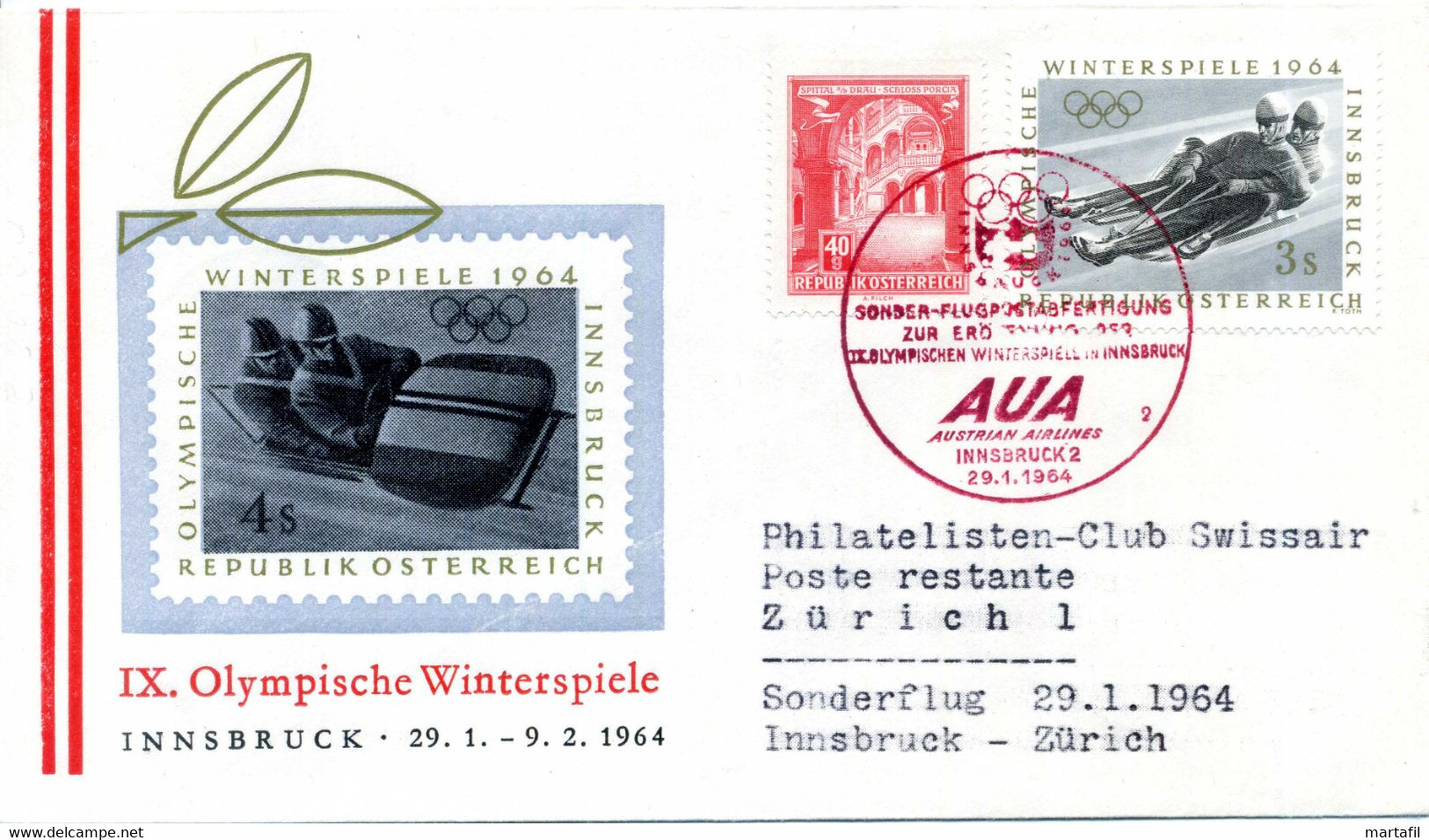 1964 IX Olympische Winterspiele, Innsbruck, Bob, Olimpiadi Invernali, Volo Per Zurigo, Annullo Rosso - Inverno1964: Innsbruck