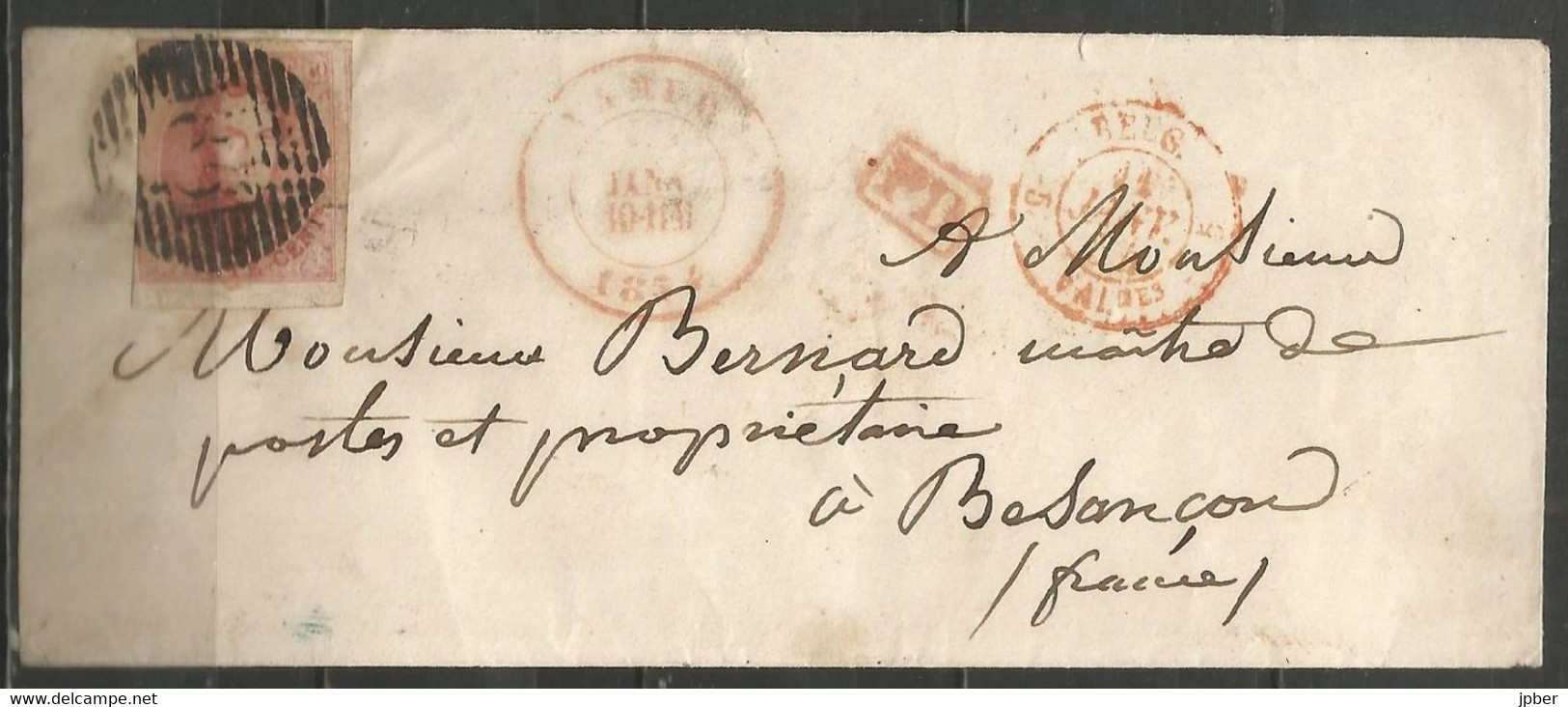 Belgique - N°8A (bdf En Bas/au Filet à Gauche/margé Et Voisin) Sur Lettre De NAMUR Vers BESANCON + PD + Passage - Balkenstempel: Einladungen