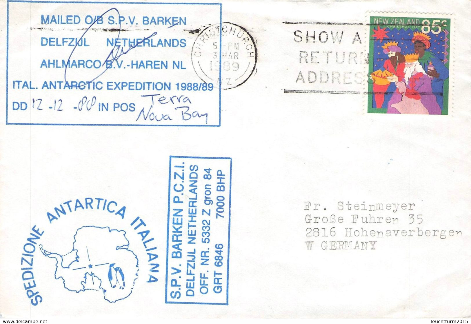 NEW ZEALAND - PAQUEBOT S.P.V. BARKEN P.C.Z.I. 1989 > GERMANY / ZM212 - Cartas & Documentos