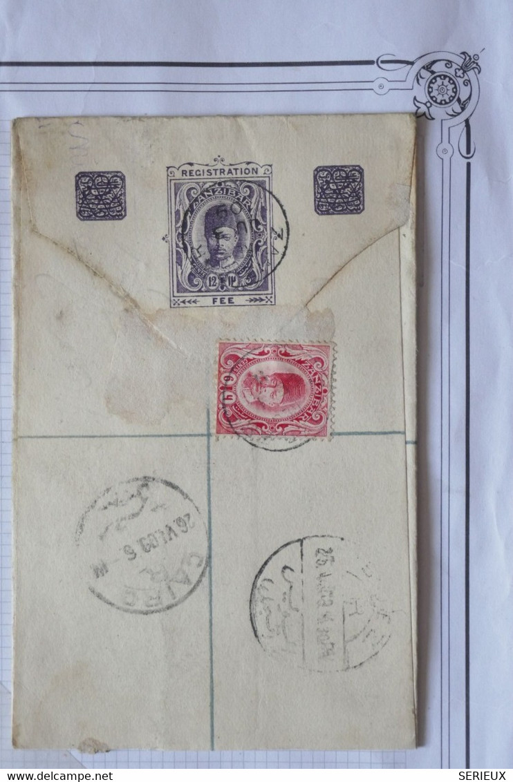 AX1 ZANZIBAR  BELLE LETTRE REGISTERED   1909  POUR CAIRO LE CAIRE EGYPTE  +AFFRANC. INTERESSANT - Zanzibar (...-1963)