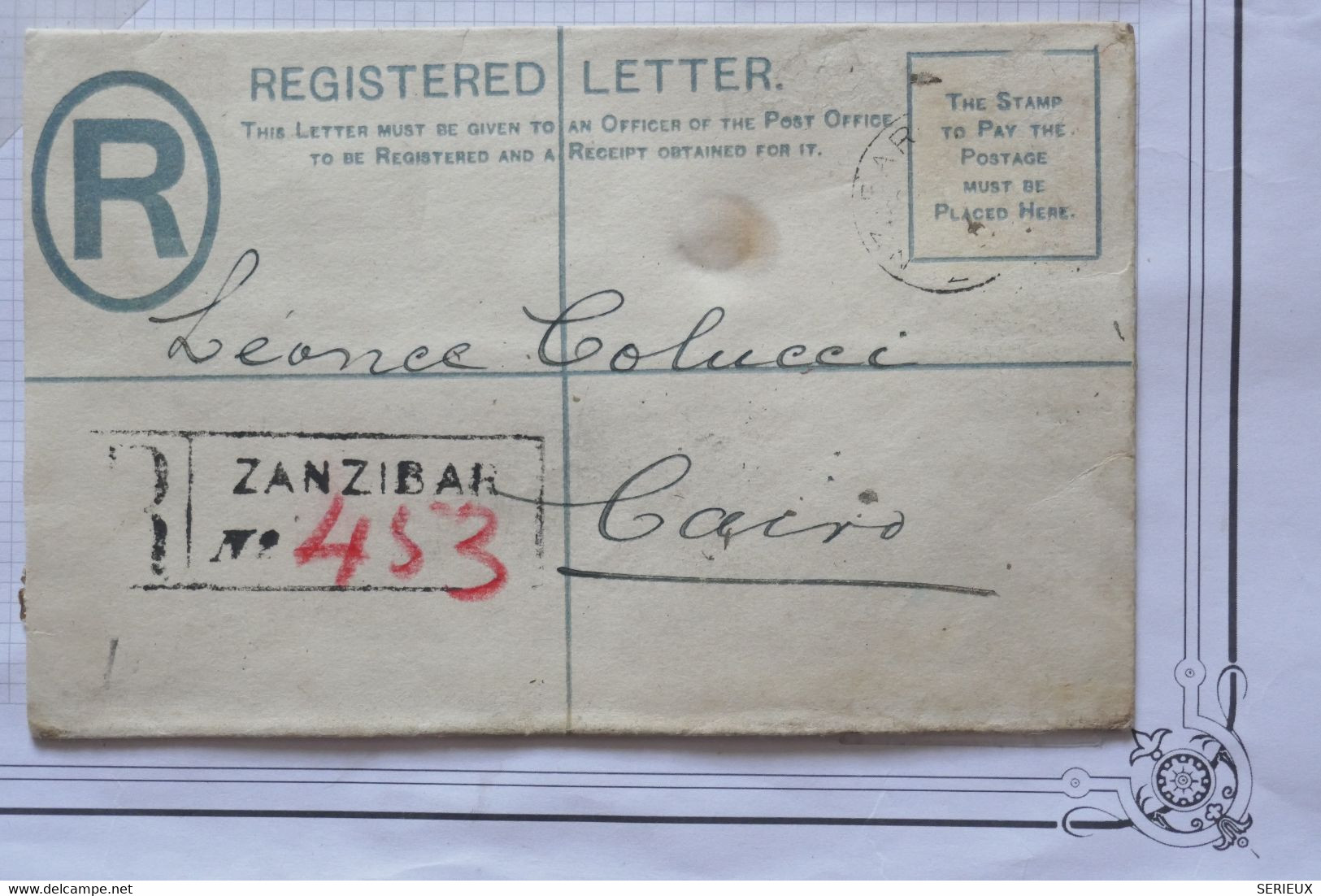 AX1 ZANZIBAR  BELLE LETTRE REGISTERED   1909  POUR CAIRO LE CAIRE EGYPTE  +AFFRANC. INTERESSANT - Zanzibar (...-1963)