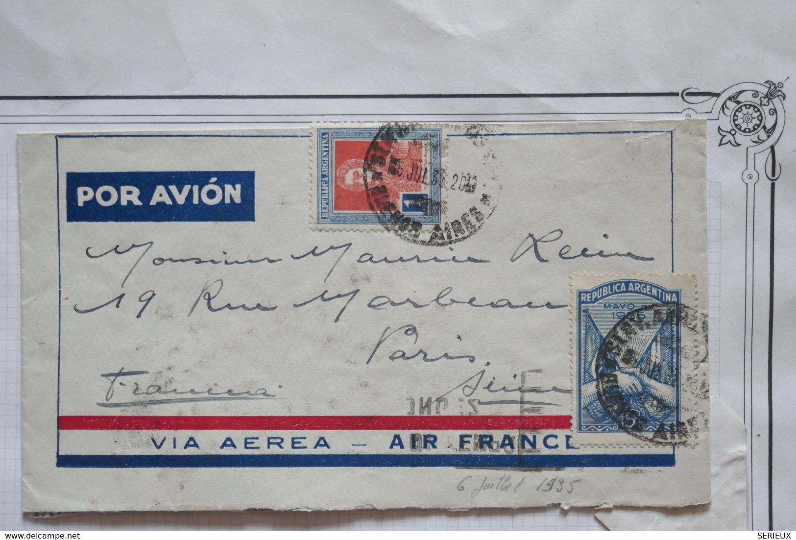 AX2 ARGENTINA  BELLE LETTRE  1935  AEREO BUENOS AIRES  POUR PARIS FRANCIA  ++++AFFRANC. INTERESSANT - Aéreo