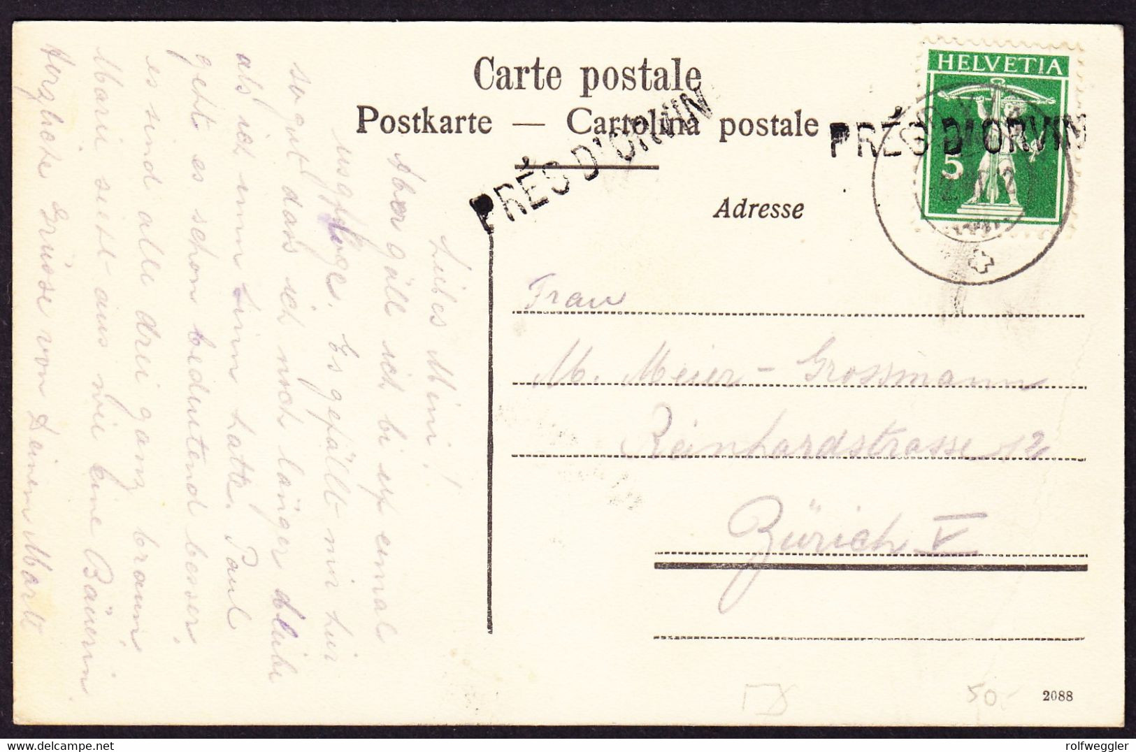 1912 Gelaufene AK: Souvenir Des Près D'Orvin. Links Unten Eckbug. Restaurant Und Pension Vilars, Ilfingerberg. Stab- - Orvin